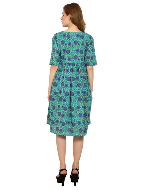 Blue Fit and Flare Cotton Maternity and Feeding Dress