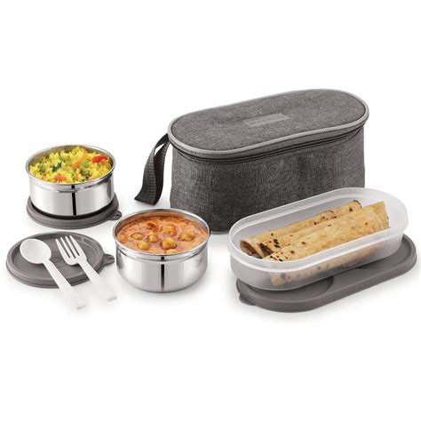 Buy Lunch Boxes Online | Magnus Feast 3 Grey Stainless Steel Tiffin Set ...