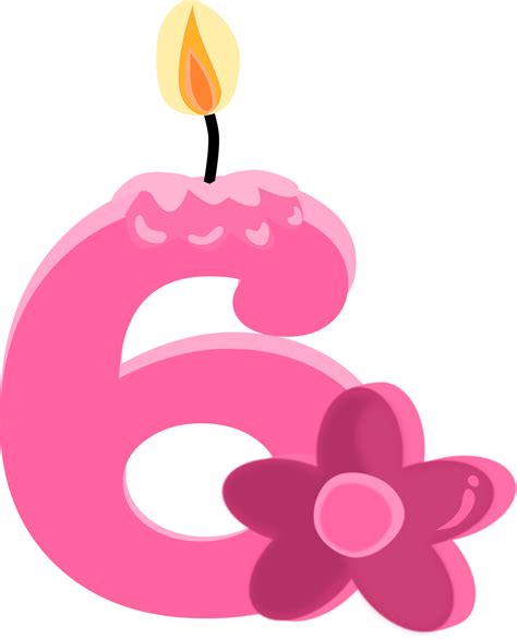 Pink six 6 number happy birthday candle and flower PNG illustration ...
