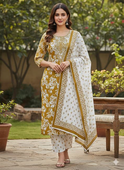 Mustard Floral Print Cotton Kurta Set | Suitmint – Suitmint