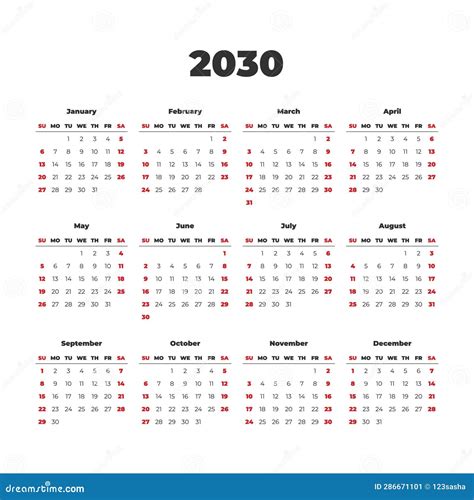 Simple Vector Calendar on 2030. Start from Sunday Stock Illustration ...