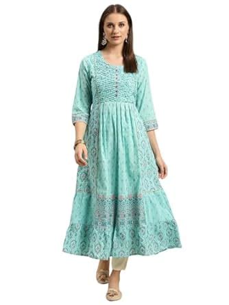 Buy rangita Light Blue Cotton Calf Length Printed Anarkali Kurti for ...