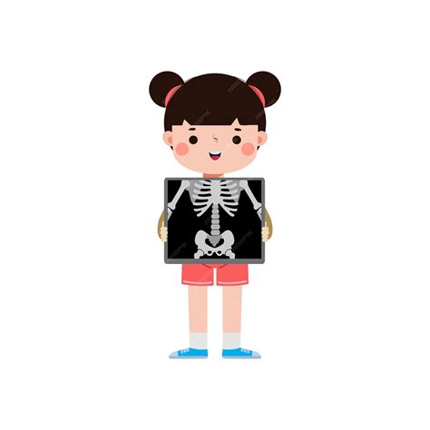 Premium Vector | Cute cartoon asian kid with xray screen showing internal organs and skeleton