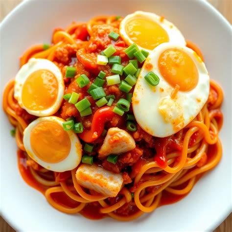 Spicy Egg and Minced Fish Noodle Stir-Fry Recipe | cookAIfood