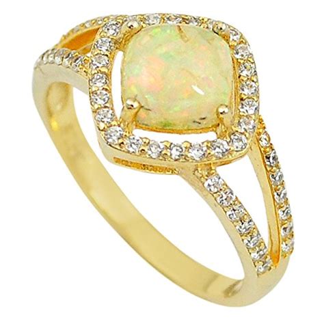 Natural white australian opal (lab) 925 silver 14k gold ring size 8 ...