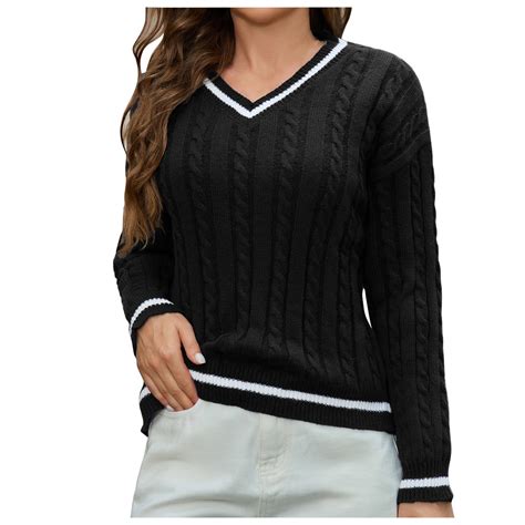 Cable Knit Sweaters Womens Trendy Fall Casual V Neck Color Block ...