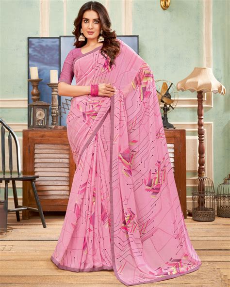 Vishal Prints Baby Pink Printed Georgette Saree With Satin Piping