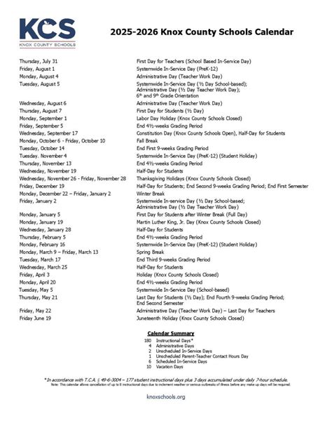 School Calendar of Knox County Schools 2025-2026