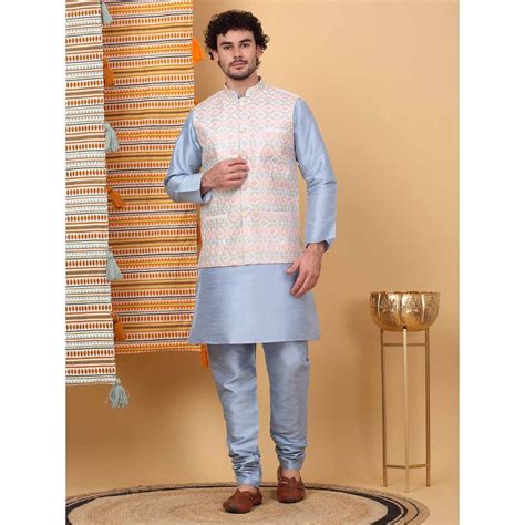 Buy KRAFT INDIA LUXE Men Blue Embroidered Kurta with Churidar and Nehru ...