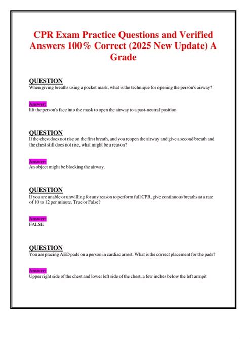 CPR Exam Practice Questions and Verified Answers 100% Correct (2025 New ...