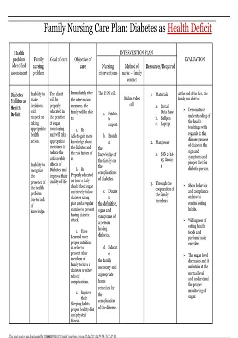 Family Nursing Care Plan: Diabetes as Health Deficit Health problem ...