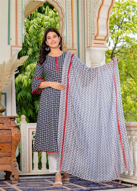 YASH GALLERY Women's Cambric Cotton Printed Mirror Work A-Line Kurta ...