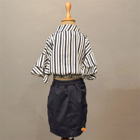 Buy Navy Blue Skirt And lining Print Collar Top For Kids – Mumkins