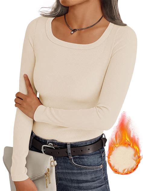 MOSHU Thermal Tops for Women Scoop Neck Slim Fit Basic Top Ribbed ...