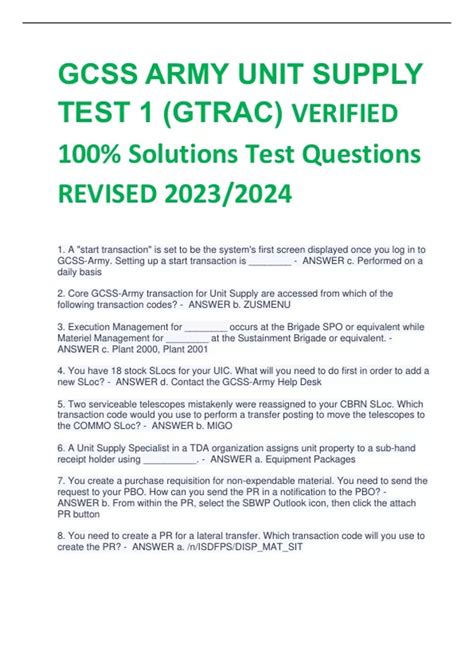 GCSS ARMY UNIT SUPPLY TEST 1 (GTRAC) VERIFIED 100% Solutions Test ...