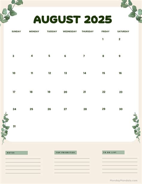 August 2025 Calendar Printable