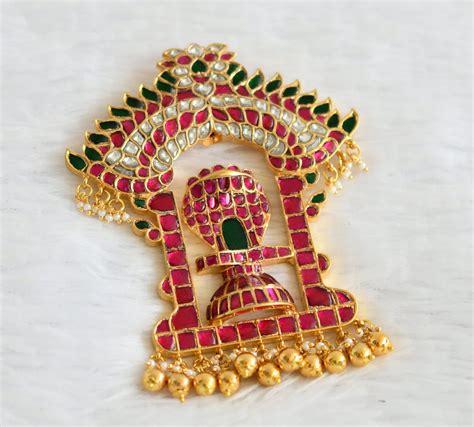 Gold tone pink-green-white kundan jadau sri lingeshwar pendant dj-5067 ...
