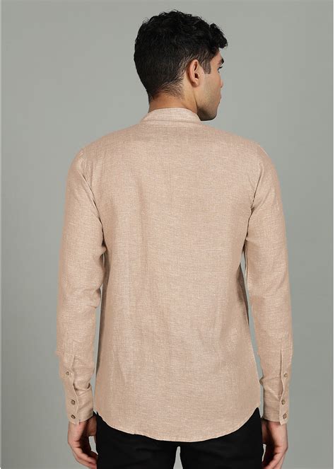 Oakwood Brown Pure Linen Shirt with Mandarin Collar & Trio Button ...