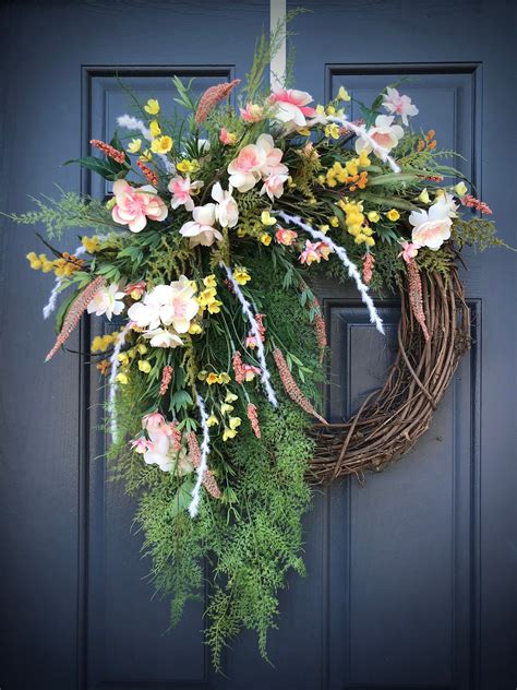 Spring Door Wreath with Pink and Yellow Flowers