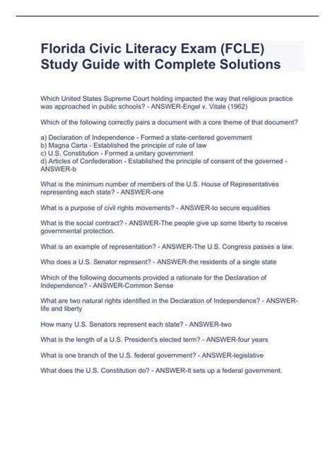 Florida Civic Literacy Exam (FCLE) Study Guide with Complete Solutions ...