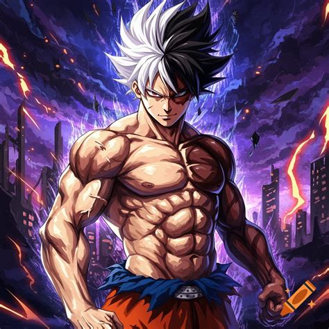 Muscular anime character with split white/black hair against destroyed ...