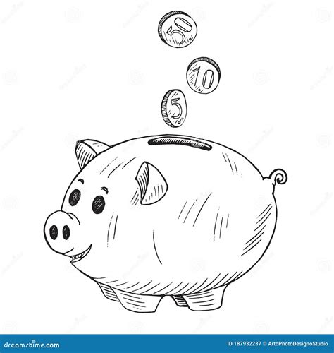Piggy Bank with Coins Pour into it, Hand Drawn Doodle Sketch, Isolated ...