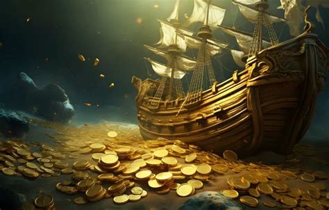 Wallpaper sea, gold, ship, money, coins, treasure, sunken, the bottom ...
