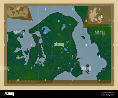 Hovedstaden, region of Denmark. Colored elevation map with lakes and rivers. Locations of major ...