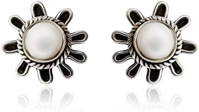 INARI SHINES 925 Oxidised Silver Flower Earring Studs with Real Pearl ...