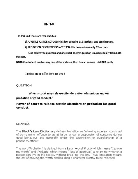 UNIT-V-S B BNSS25 - Juvenile Justice & Probation of Offenders Overview ...