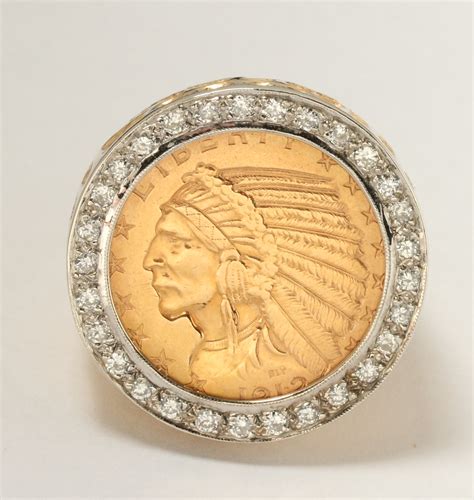 #138: A GENT'S $5 INDIAN GOLD COIN RING WITH DIAMONDS