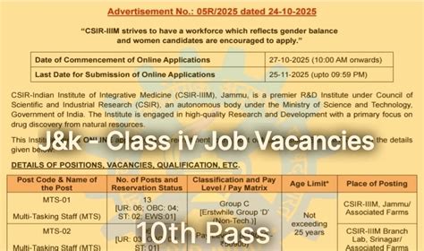 J&K Fresh Class iv Recruitment Notification: Qualification 10th pass ...