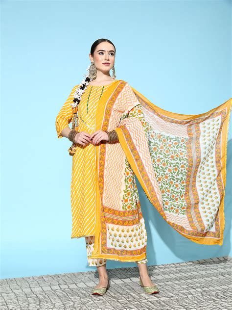 Buy Ishin Women's Mustard & White Leheriya Printed A-Line Kurta Trouser ...