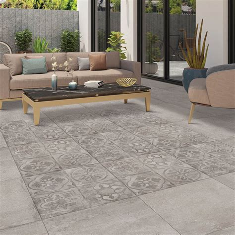 Portobello Grey Decor Porcelain Paving Slabs 60x60cm | StoneSuperstore