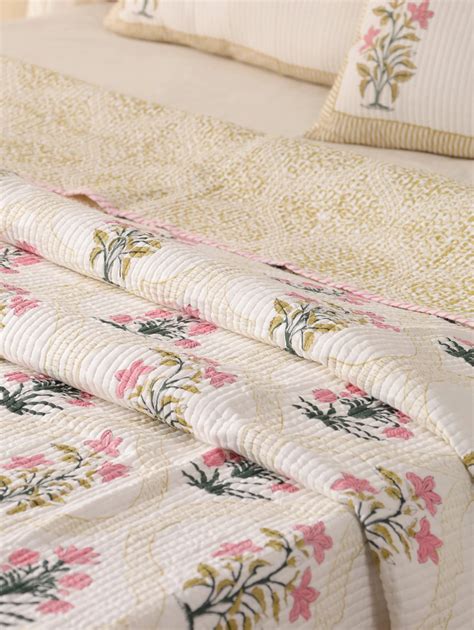 Kantha Stitch Quilt Hand Block Printed Cotton Bedding Queen Size Print ...
