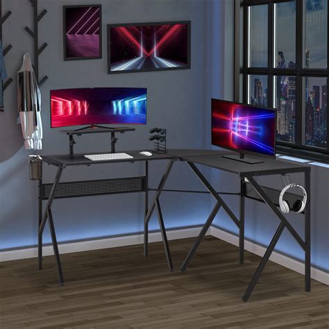 HOMCOM Gaming Desk L-Shaped Corner Computer Table for Home Office PC ...