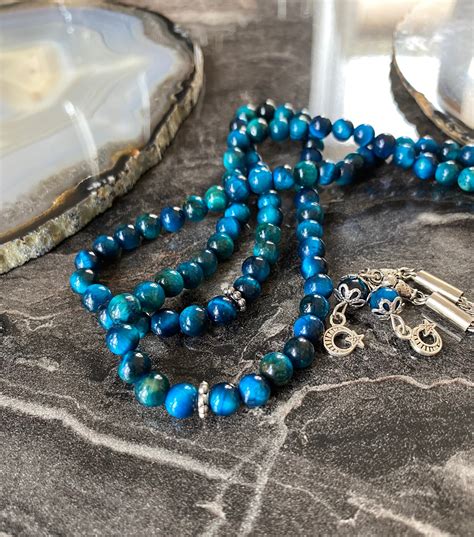 REAL Blue Tiger Eye Islamic Prayer Beads, Natural Stone 99 Beads, Worry ...