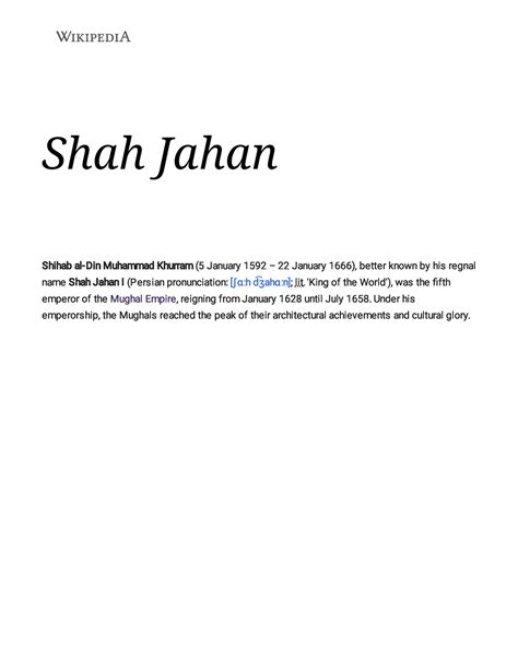 Shah Jahan - Wikipedia - Shah Jahan S hihab al- D in Muhammad Khurram ...