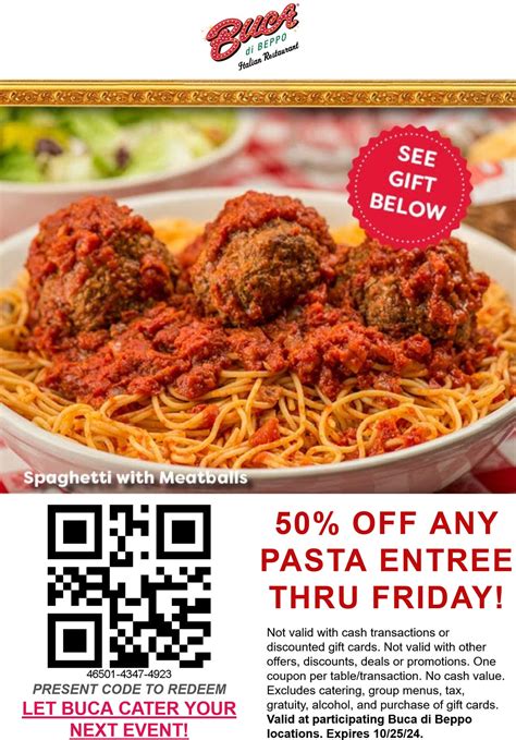 50% off any pasta entree at Buca di Beppo | Buca di Beppo September ...