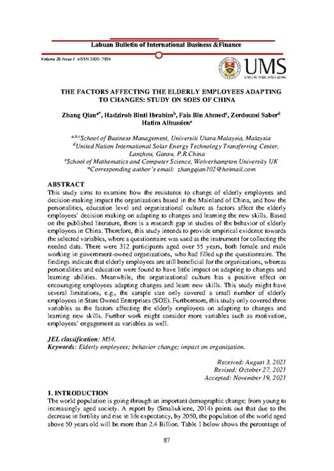 Factors Influencing Elderly Employees' Adaptation in SOEs of China: LBIF 20(1) - Studocu