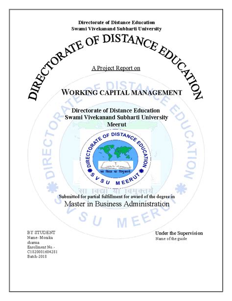 MBA Project Report on Working Capital Management - SWAMI123 - Studocu
