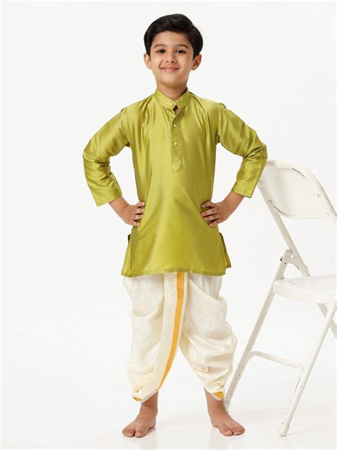 Little Stars Boys Silk Cotton Full Sleeves Parrot Green Kurta with ...