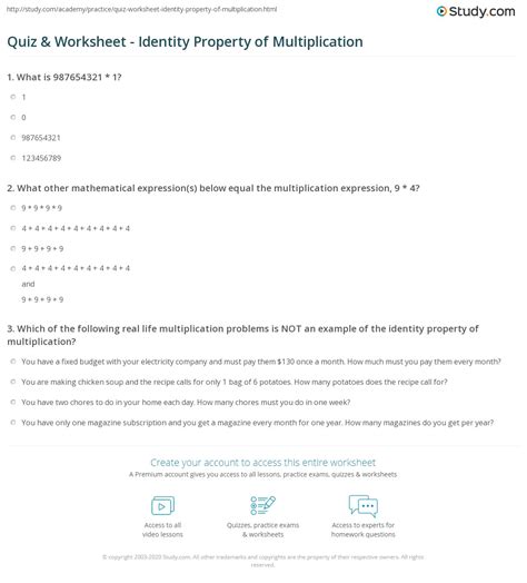 Quiz & Worksheet - Identity Property of Multiplication | Study.com