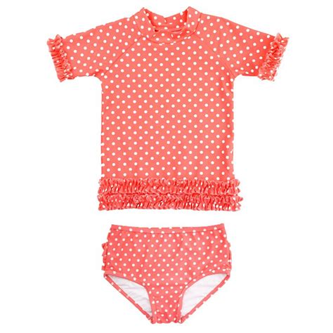 Ruffle Butts Coral Polka Dot Ruffled Rash Guard Swim Set