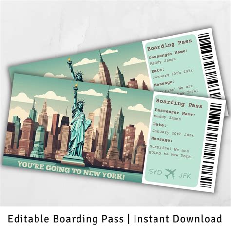 Boarding Pass New York, Surprise Trip to New York, Surprise Boarding Pass Template, You're Going ...