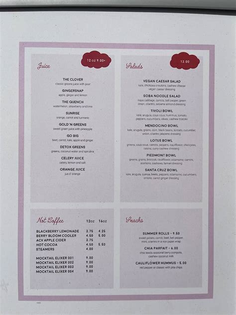 Carta del café Superbloom Coffee & Juice, San Diego