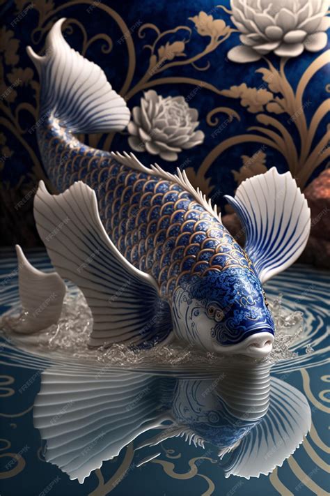 Premium Photo | Traditional Chinese style Blue and white koi fish Generative Ai