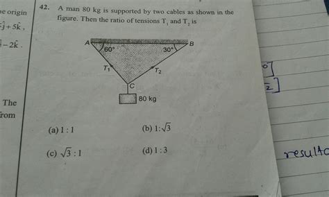 A man of 80kg is supported by two cables as shown in the figure .Then ...