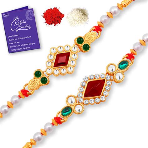 Sukkhi Exclusive Gold Plated Rakhi Combo (Set of 2) with Roli Chawal a ...