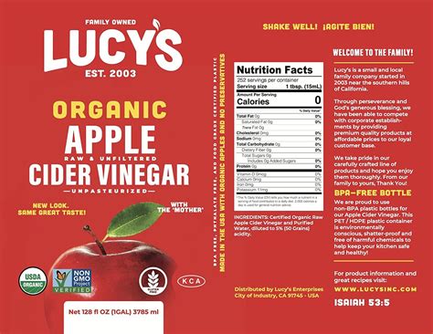 Lucy's Family Owned USDA Organic NonGMO Raw Apple Cider Vinegar ...